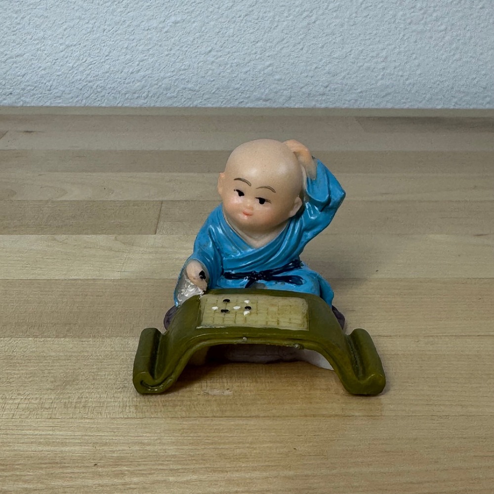 Blue Robe Monk Playing Go Game Resin Figurine Miniature Zen Decor 2.5 Inch